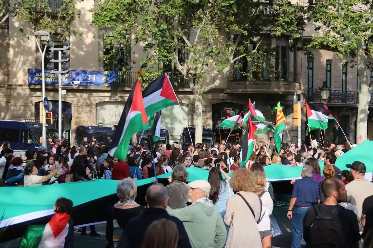 Gent amb banderes palestines en una manifestació a Barcelona