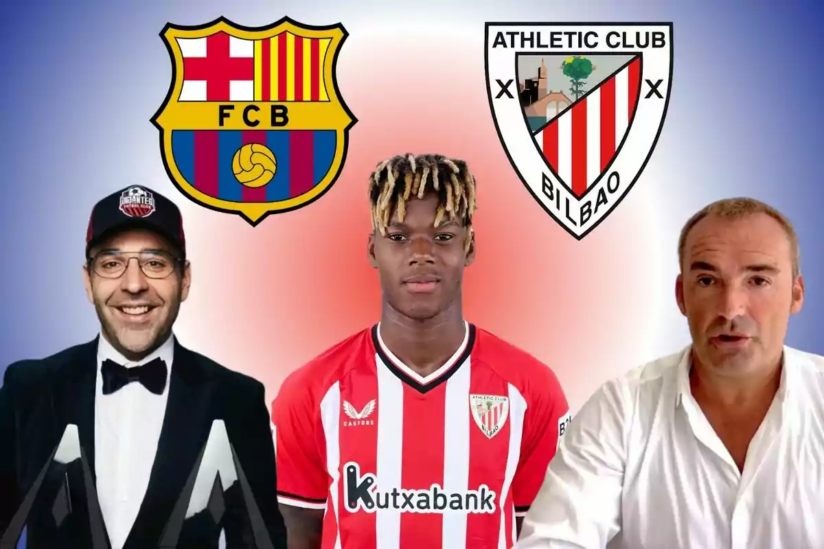 Tres persones, una al centre amb samarreta de l'Athletic Club de Bilbao, una altra a l'esquerra amb gorra i ulleres, i una altra a la dreta amb camisa blanca, amb els escuts del FC Barcelona i de l'Athletic Club de Bilbao al fons.