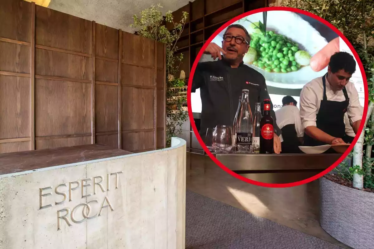 Montaje con una imagen de la entrada del nuevo restaurante de los Hermanos Roca y a la derecha, dentro de un círculo, los Hermanos Roca cocinando