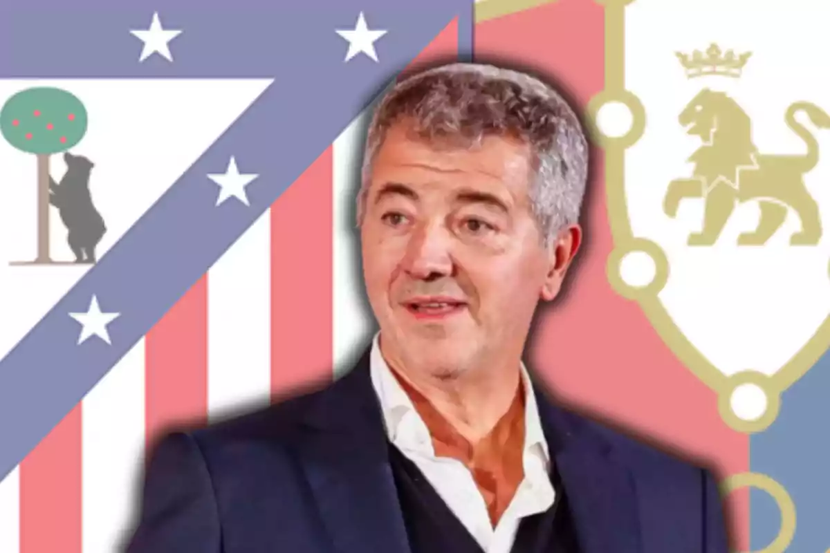 Gil Marín i els escuts d'Atlètic de Madrid i Osasuna