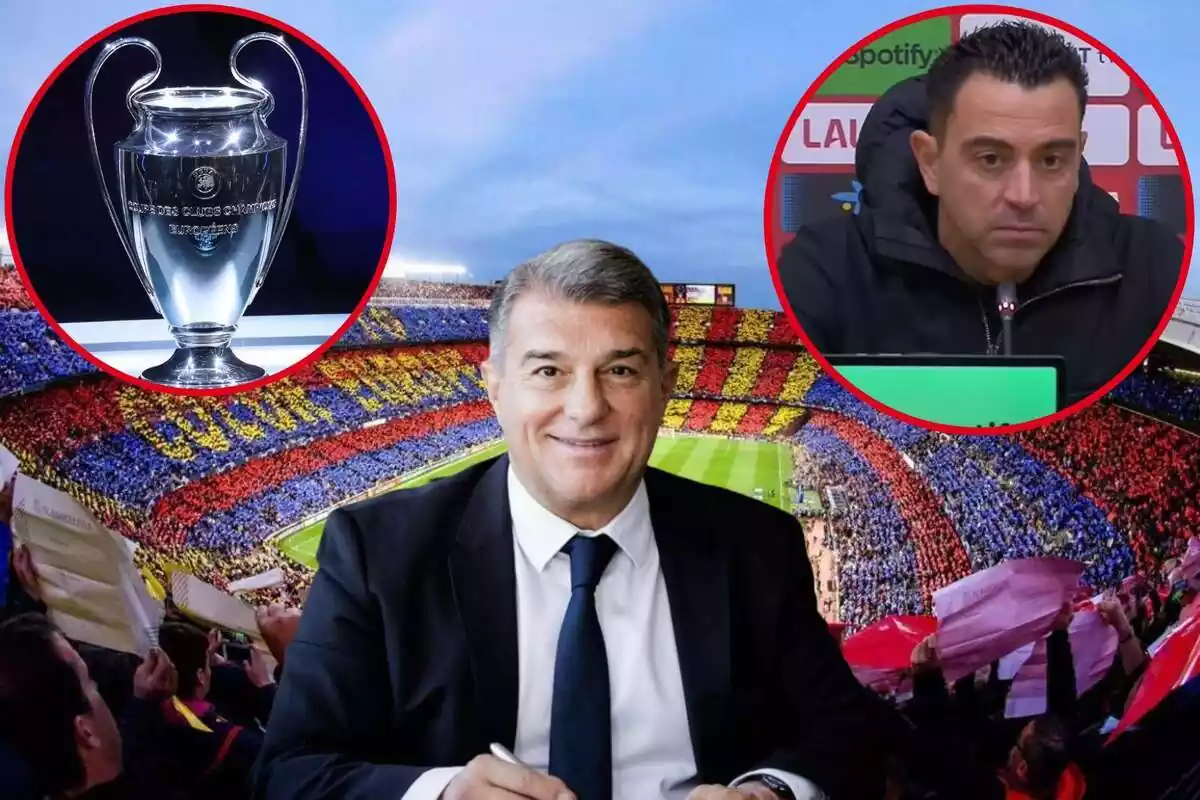 Muntatge amb l'Estadi del Camp Nou, un cercle amb el trofeu de la Champions League a dalt a l'esquerra, Joan Laporta al centre i un cercle amb Xavi Hernández a dalt a la dreta