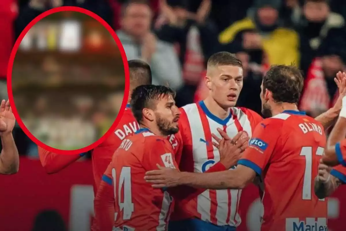 Muntatge amb una imatge dels futbolistes del Girona celebrant un gol ia la cantonada superior esquerra, dins d'un cercle i difuminada, imatge de l'equip alemany de què parla la notícia