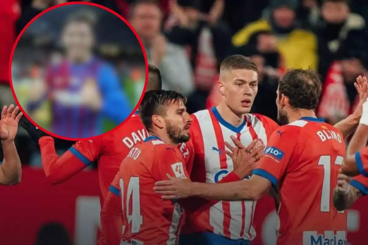 Muntatge amb una imatge de futbolistes del Girona FC durant un partit ia la cantonada superior esquerra, dins d'un cercle i difuminat, el futbolista a què fa referència la notícia