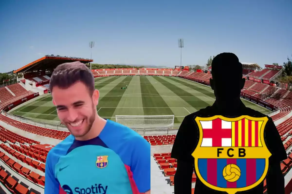 Muntatge amb l'estadi de Montilivi, Eric Garcia a l'esquerra i una ombra negra amb l'escut del FC Barcelona a la dreta