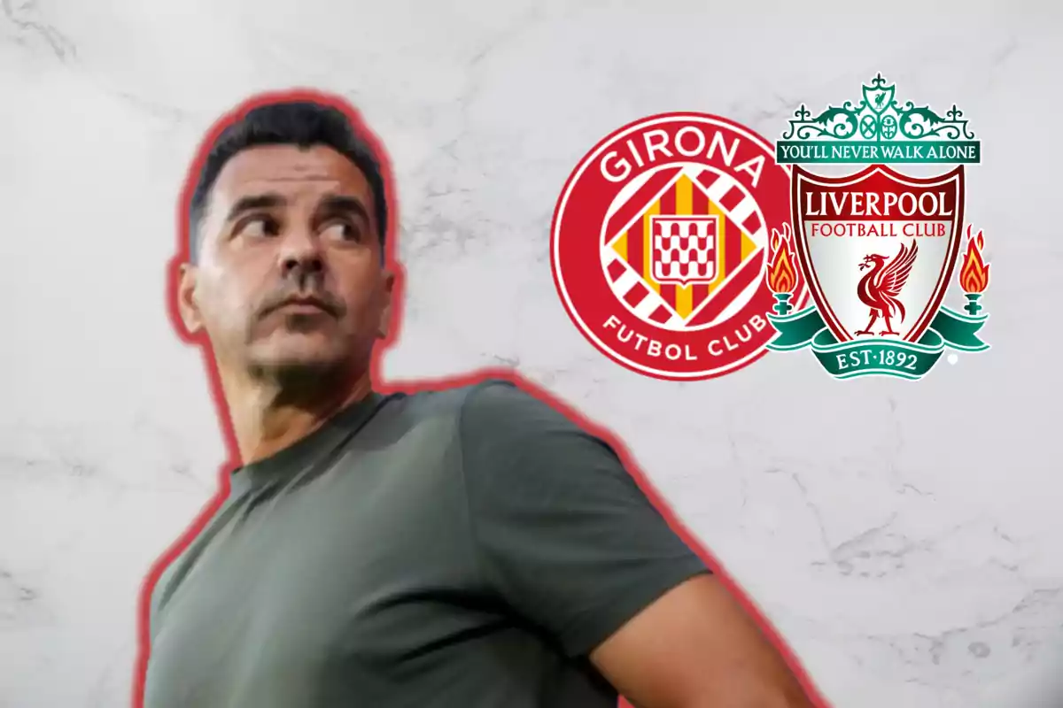 Míchel y los escudos de Girona y Liverpool