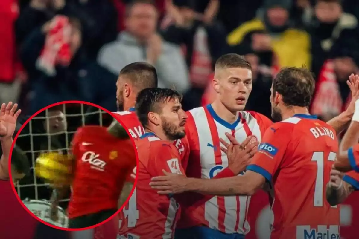 Muntatge amb una imatge de futbolistes del Girona durant un partit. A l'esquerra, dins d'un cercle, la jugada polèmica