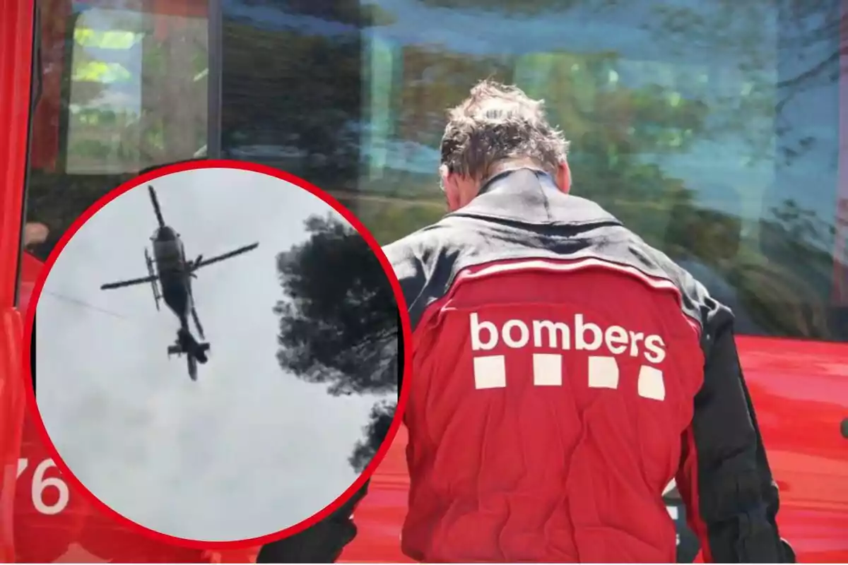 Un bombero de espaldas con un helicóptero en el cielo dentro de un círculo rojo.