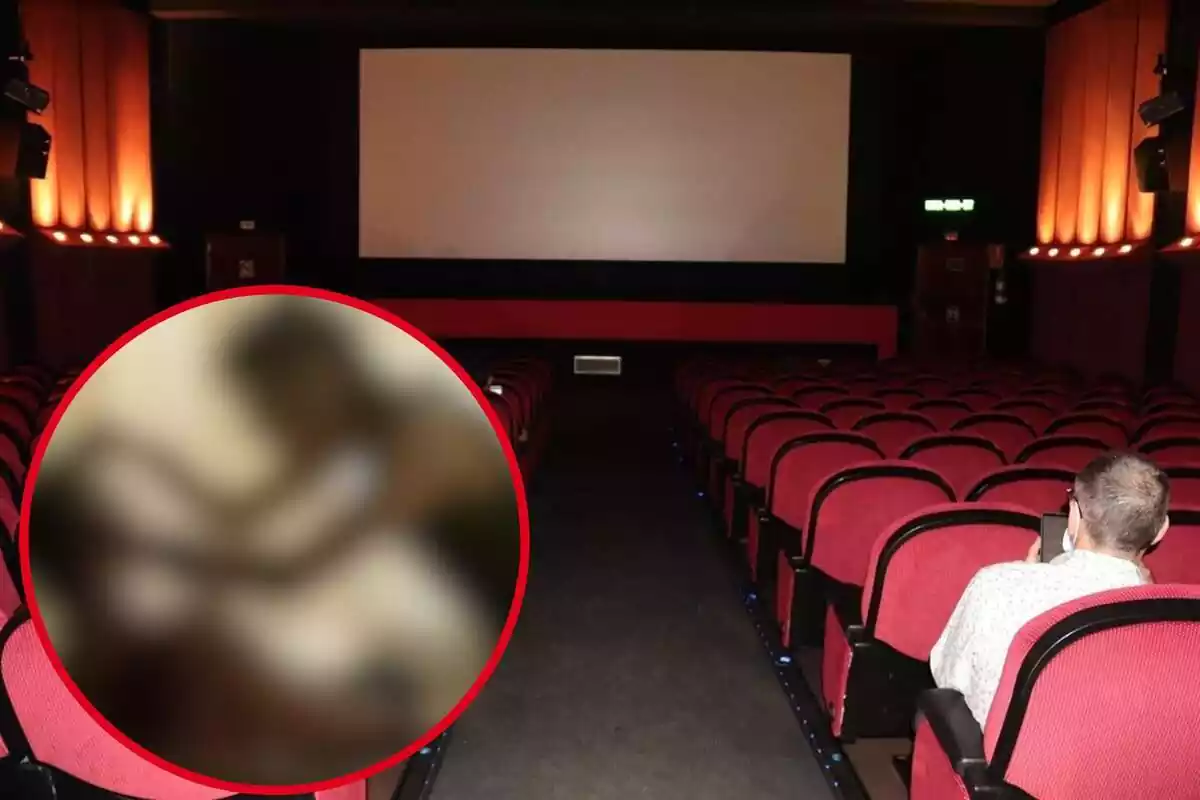 Muntatge amb una imatge d'una sala de cinema ia l'esquerra, dins d'un cercle i difuminada, fotograma de la pel·lícula de què parla la notícia