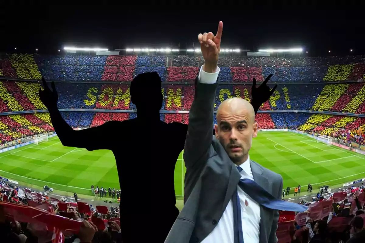 Pep Guardiola i un jugador del City amb el Camp Nou de fons