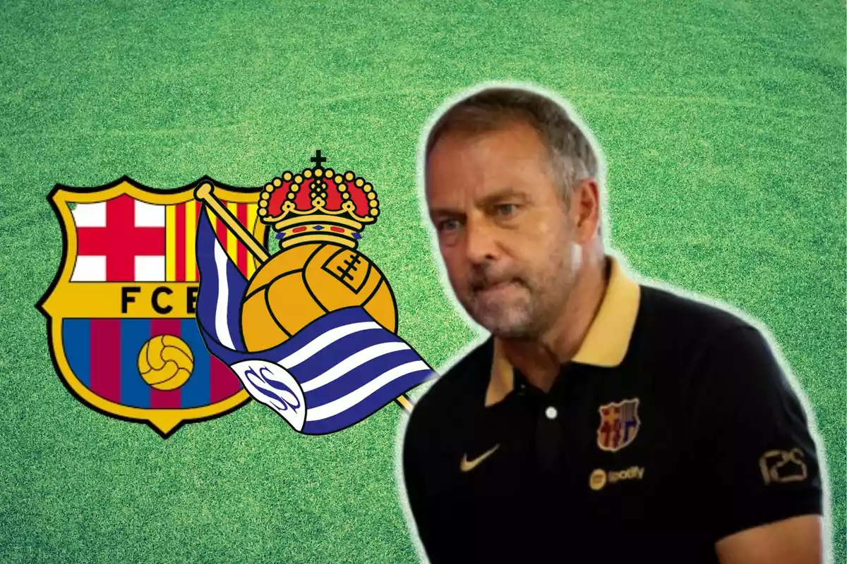 Hansi Flick y los escudos de Barça y Real Sociedad