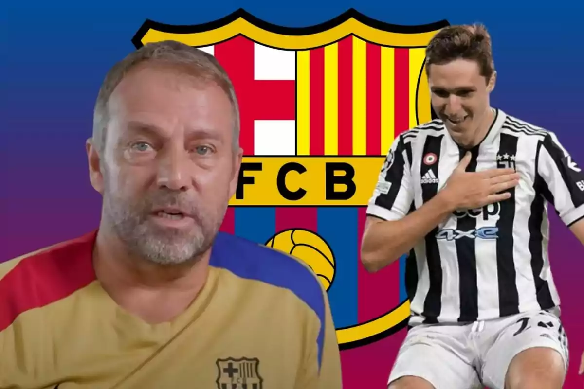 Un hombre con una camiseta del FC Barcelona y un jugador de fútbol con una camiseta de la Juventus frente al escudo del FC Barcelona.