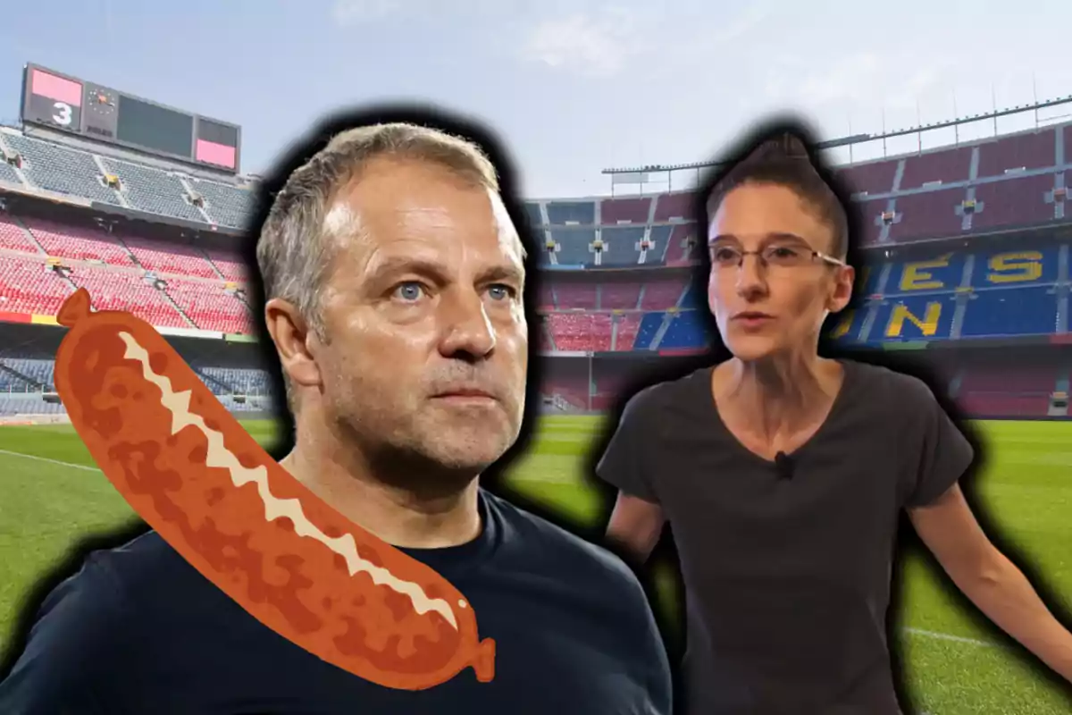 Dues persones amb un fons d’estadi de futbol, una d’elles amb una il·lustració de salsitxa sobre l’espatlla