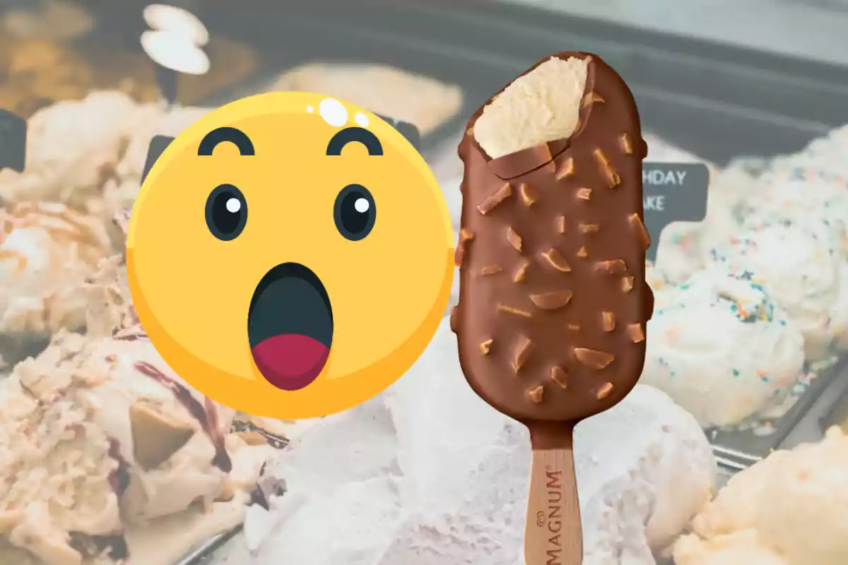 Emoji de sorpresa al costat d’un gelat de pal recobert de xocolata amb ametlles davant d’una vitrina de gelats