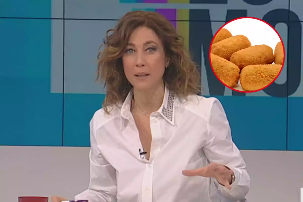 Montaje con una imagen de Helena García Melero. En la parte supoerior derecha una imagen con croquetas