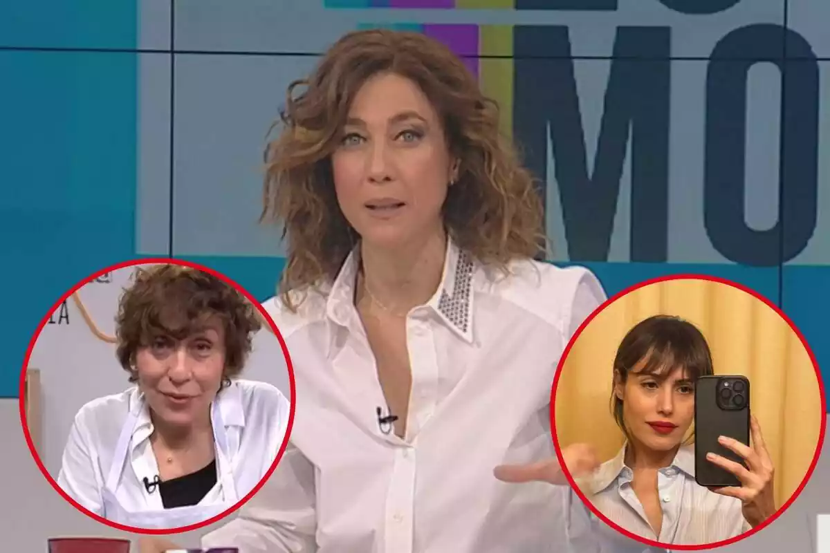 Muntatge amb una imatge de Helena Garcia Melero a un plató de TV3. A banda i banda, i dins d'un cercle, les actrius Mercè Montalà i Irene Montalà
