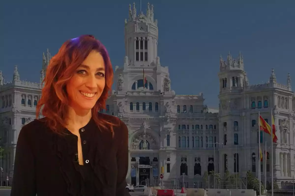 La presentadora Helena García Melero, en un montaje fotográfico sobre el fondo de Madrid