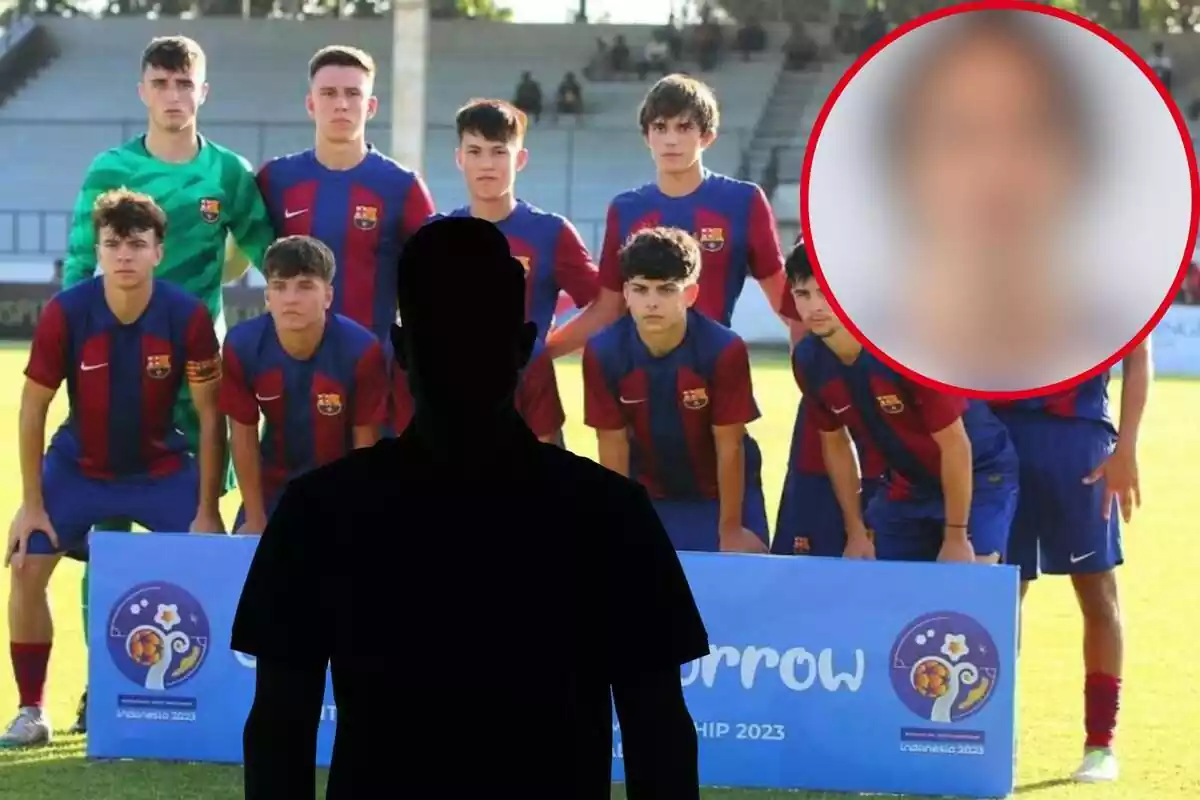Muntatge amb el Juvenil B del Barça, una ombra negra al centre i un cercle difuminat a dalt a la dreta