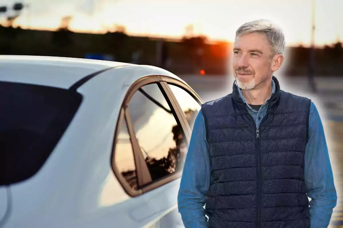 Hombre de pie junto a un automóvil al atardecer.