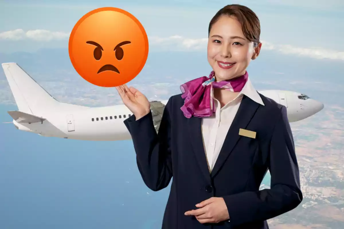 Hostessa somrient amb uniforme i mocador sosté un emoji d’enuig davant d’un avió en vol