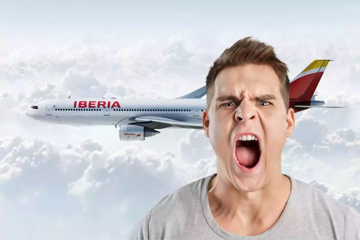 Muntatge amb un avió d'Iberia i un home enfadat
