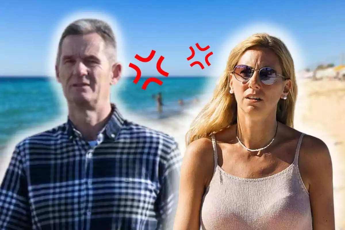 Un home i una dona a la platja amb expressions serioses i símbols d’enuig entre ells