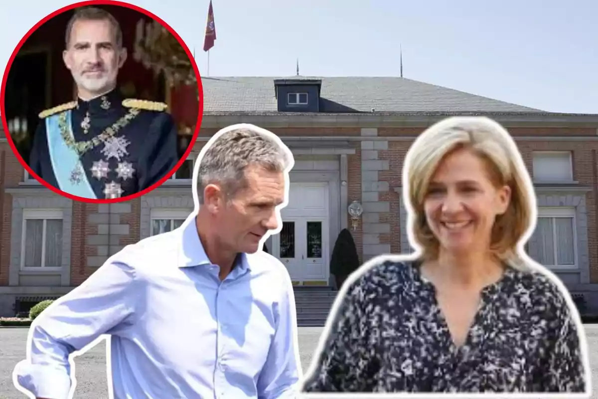 Personas frente a un edificio con una bandera, con una imagen de un hombre en uniforme militar en un círculo rojo.