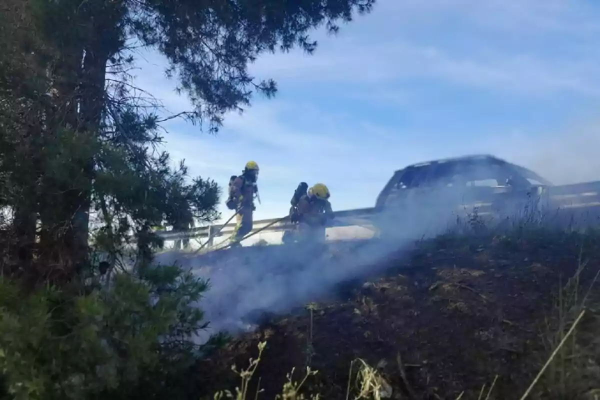 Bombers amb equip de protecció apaguen un incendi en una zona boscosa amb fum visible.