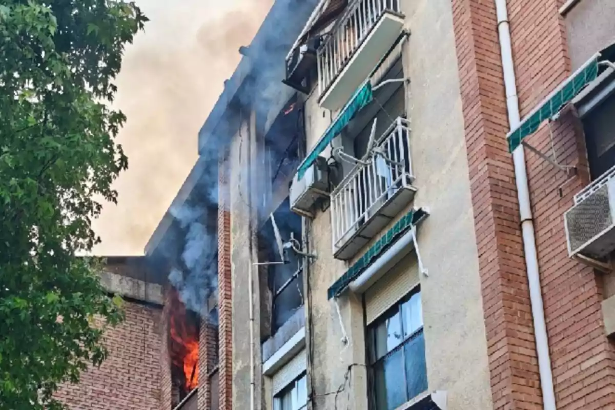 Edifici en flames amb fum sortint de les finestres superiors i un arbre al costat.