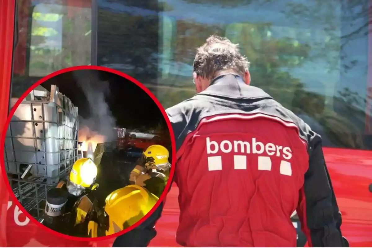 Bombero de espaldas con chaqueta roja y un recuadro mostrando a otros bomberos apagando un incendio.