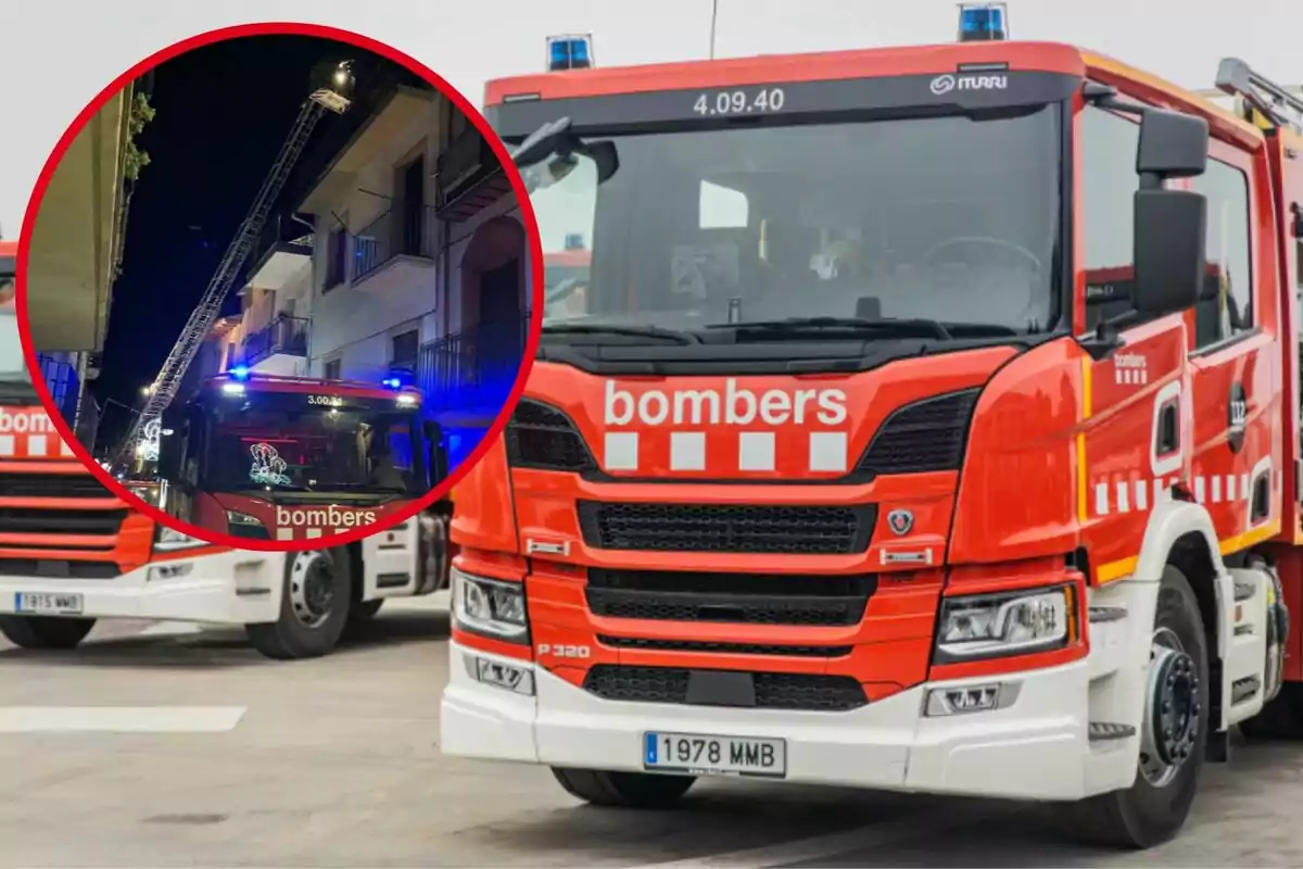 Camions de bombers vermells amb llums blaves en acció davant d'un edifici.