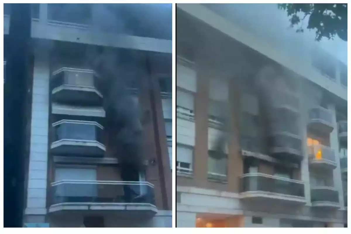 Edificio de apartamentos con humo negro saliendo de varios balcones, indicando un posible incendio.