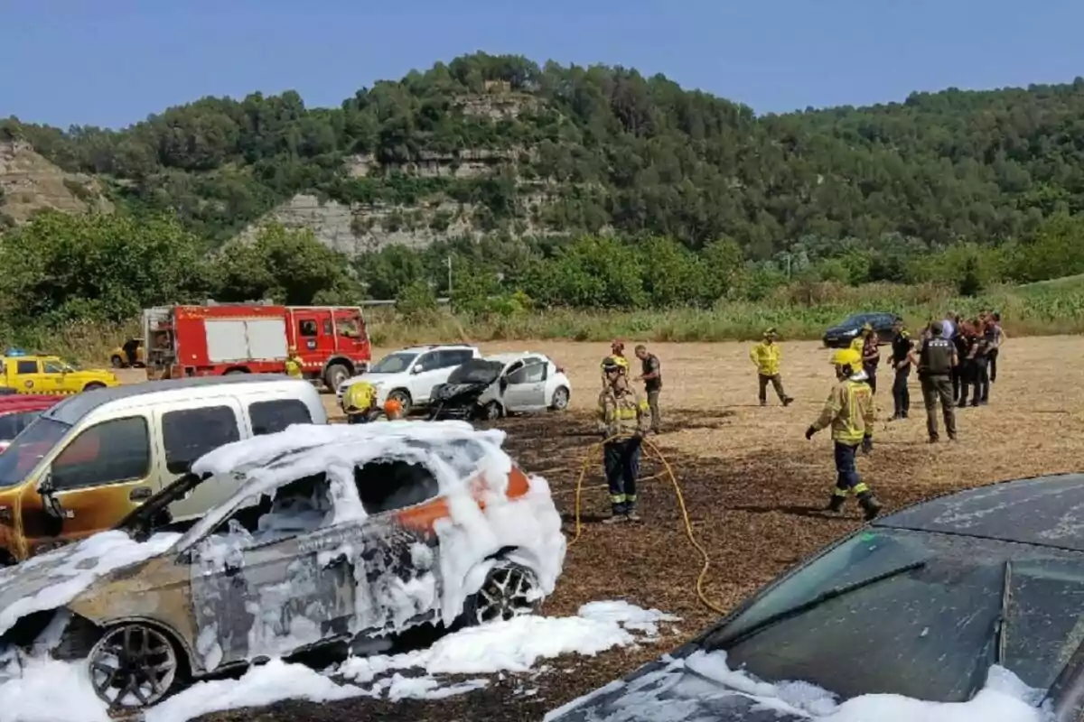 Diversos bombers i policies treballen en un camp on hi ha diversos cotxes cremats i coberts d’escuma, amb un camió de bombers i muntanyes al fons.