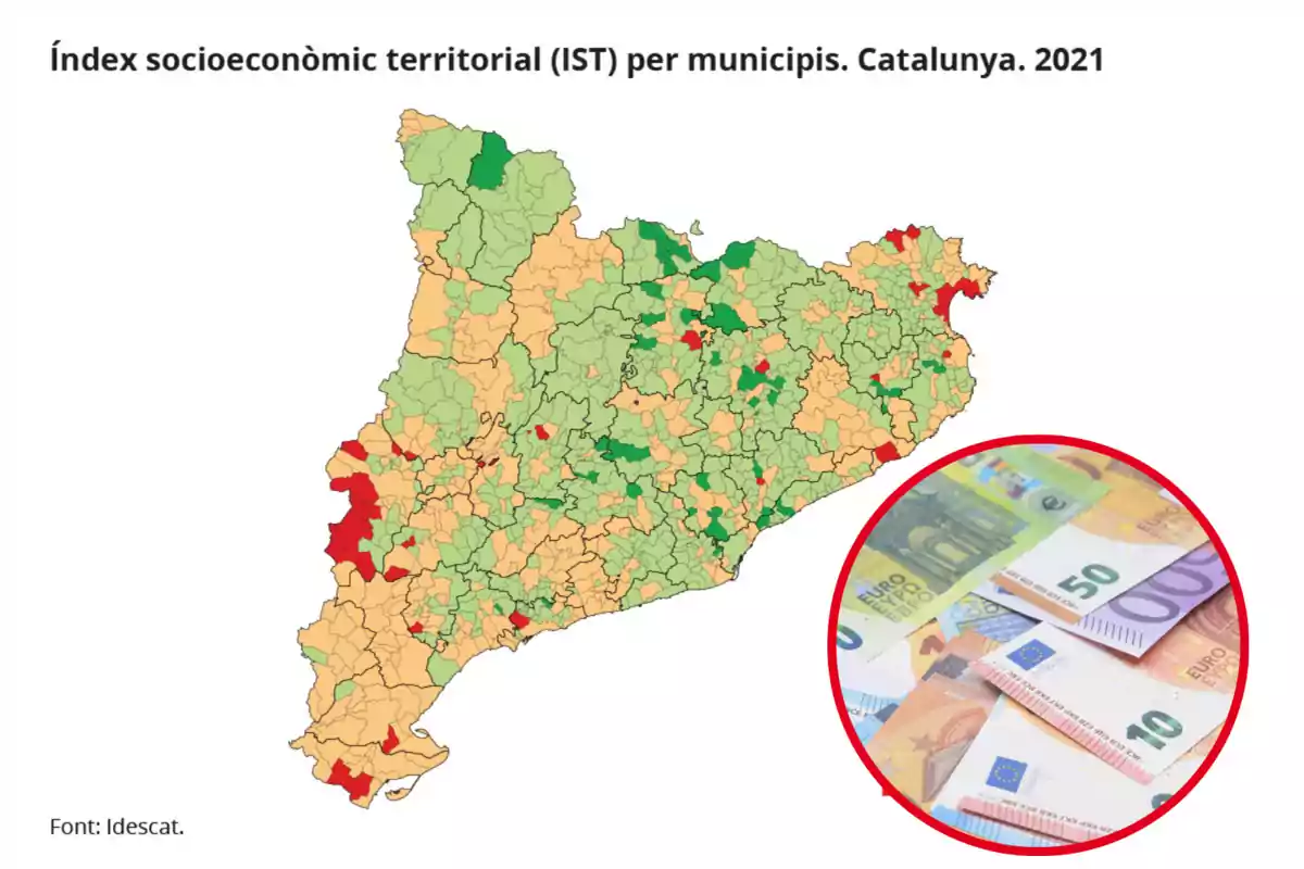 Montaje con un imagen de un mapa socioeconómico de Catalunya. A la derecha una imagen con unos billetes de euro