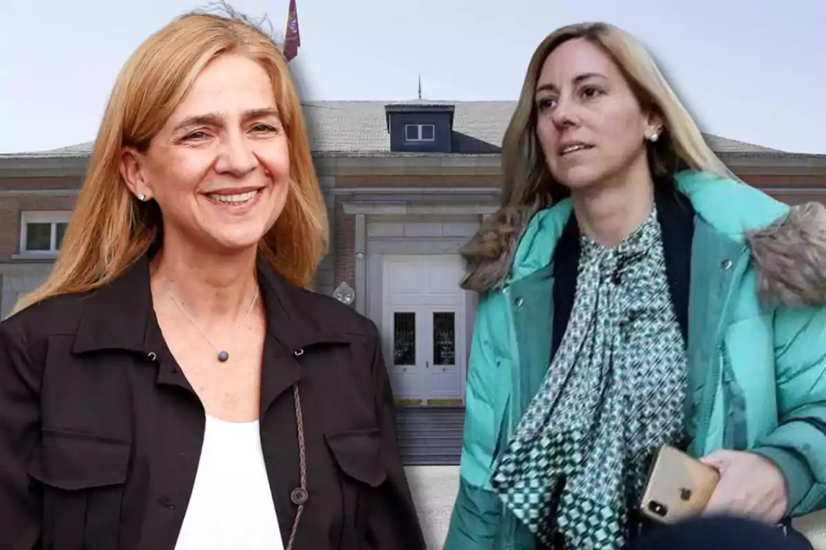 Dos mujeres rubias posan frente a un edificio de ladrillo con una puerta blanca. Una de ellas sonríe y lleva una chaqueta negra, mientras que la otra lleva una chaqueta verde y sostiene un teléfono móvil.