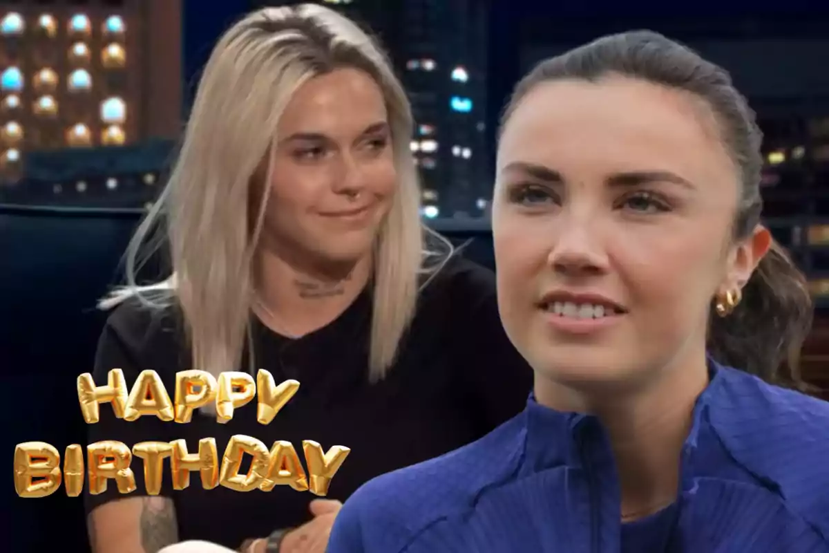 Montaje con una imagen de Mapi León en una entrevista televisiva. A la derecha una imagen de Ingrid Engen tras un entreno. A la izquierda una imagen con el texto Happy Birthday