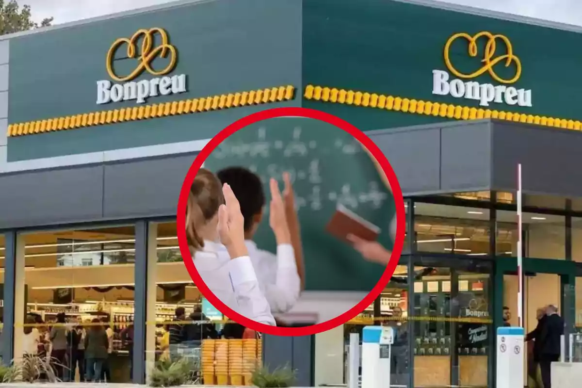 Imatge de la façana d'un supermercat Bonpreu amb un cercle vermell al centre que mostra estudiants aixecant la mà en una aula.