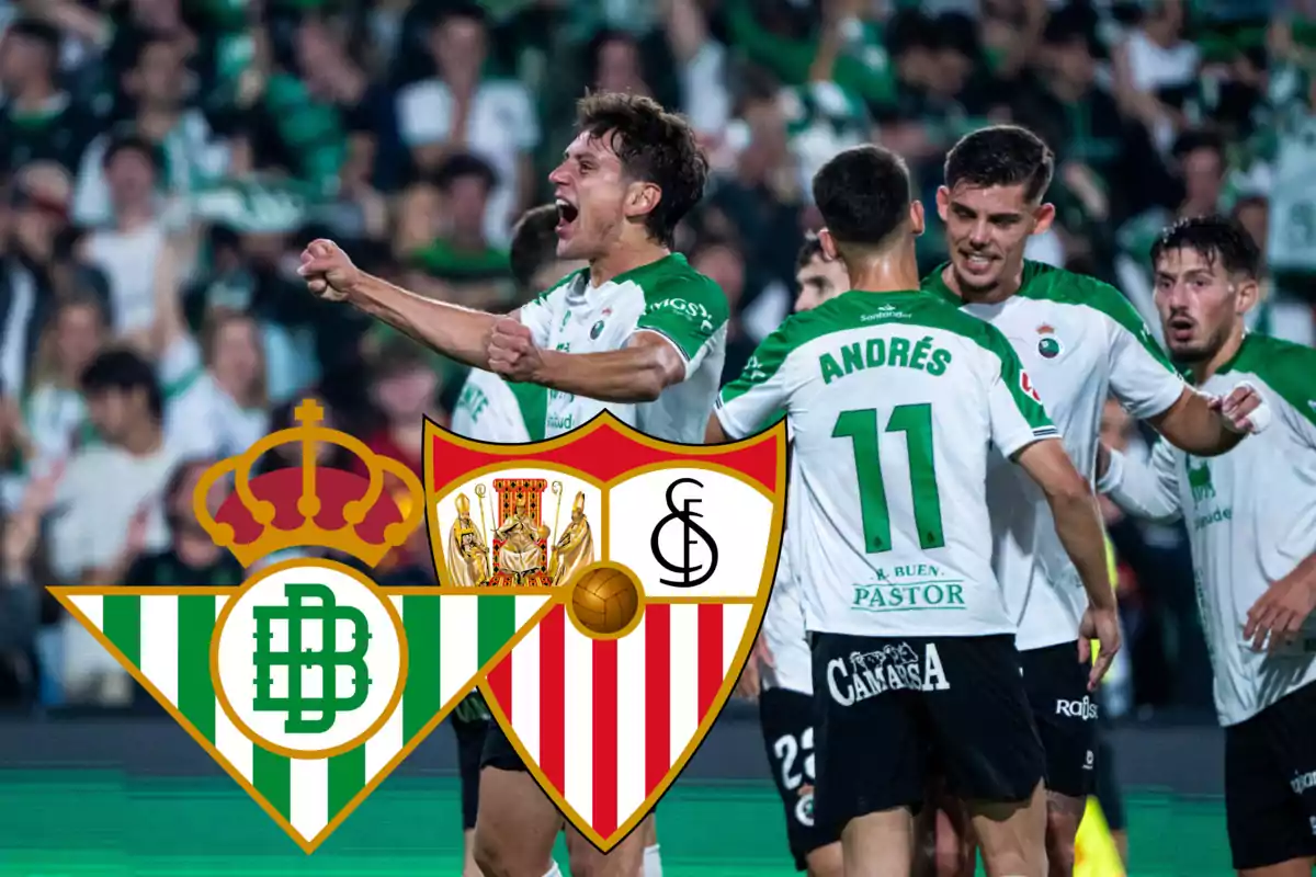 Jugadors del Racing celebrant un gol i els escuts de Real Betis i Sevilla