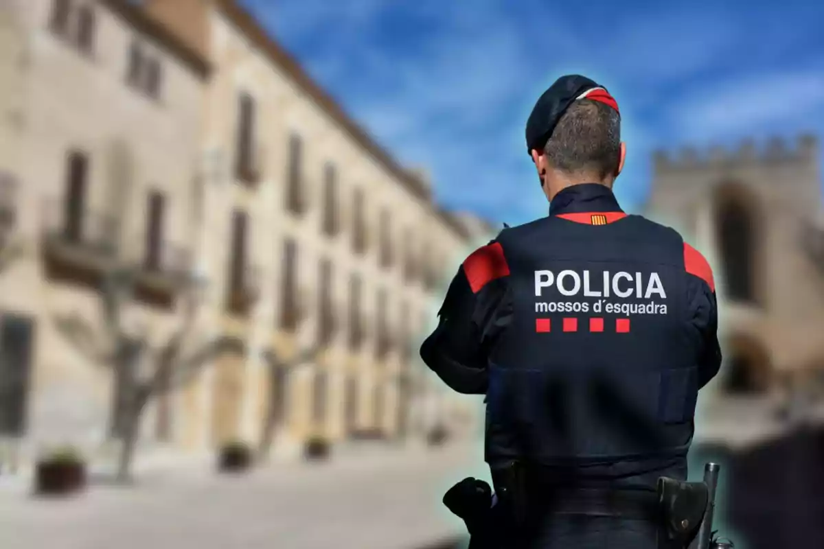 Un agent de policia dels Mossos d'Esquadra d'esquena, amb un edifici borrós de fons.