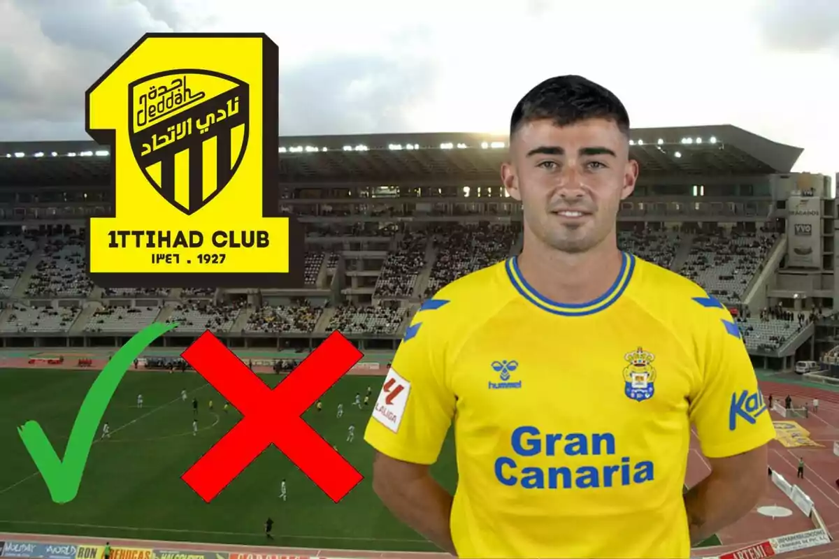 Un jugador de fútbol con la camiseta amarilla del equipo Gran Canaria aparece en un estadio, junto al escudo del Ittihad Club y dos símbolos, uno de aprobación en verde y otro de desaprobación en rojo.