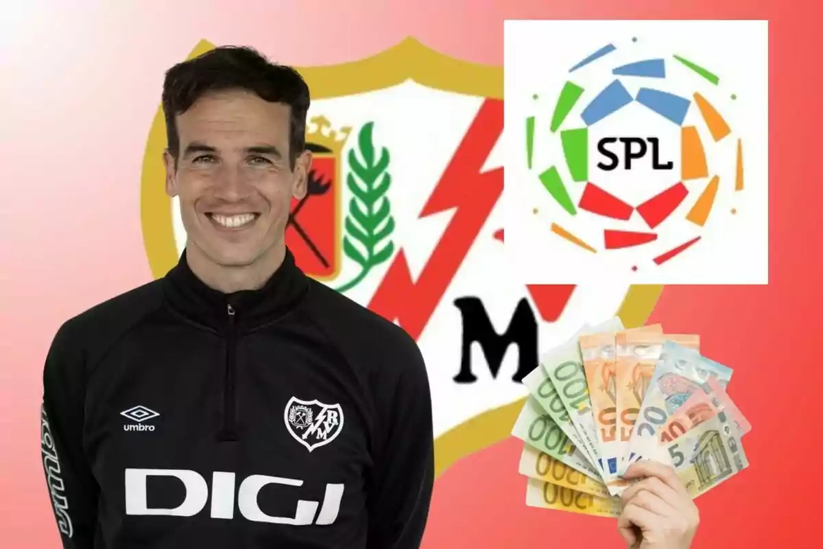 Un hombre sonriente con una chaqueta deportiva negra con el logo de DIGI y Umbro, frente a un escudo de equipo de fútbol, junto a un logo de la SPL y una mano sosteniendo billetes de euro.