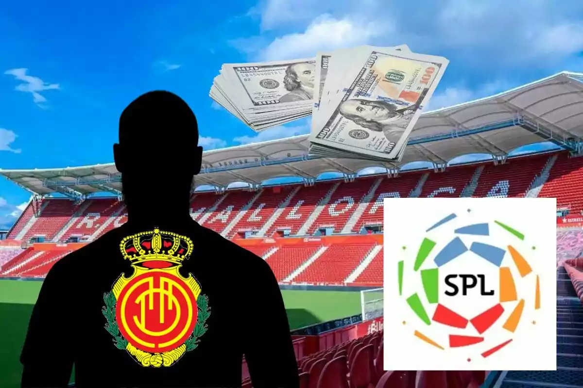 Una silueta amb l?escut del RCD Mallorca en un estadi, amb bitllets de dòlar i el logo de la SPL.