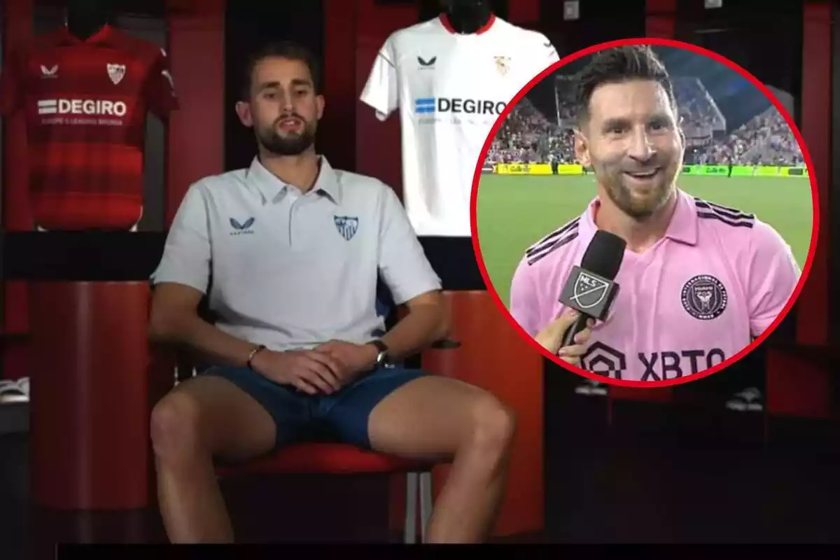 Muntatge amb una imatge de Januzaj assegut atenent una entrevista. A la dreta, dins d'un cercle, Leo Messi entrevistat després d'un partit amb l'Inter Miami