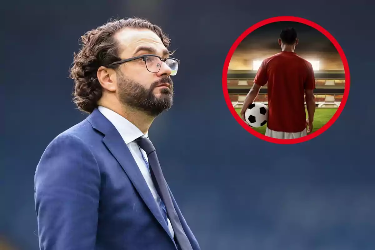 Un hombre con traje y gafas, con una imagen circular de un jugador de fútbol en el fondo.