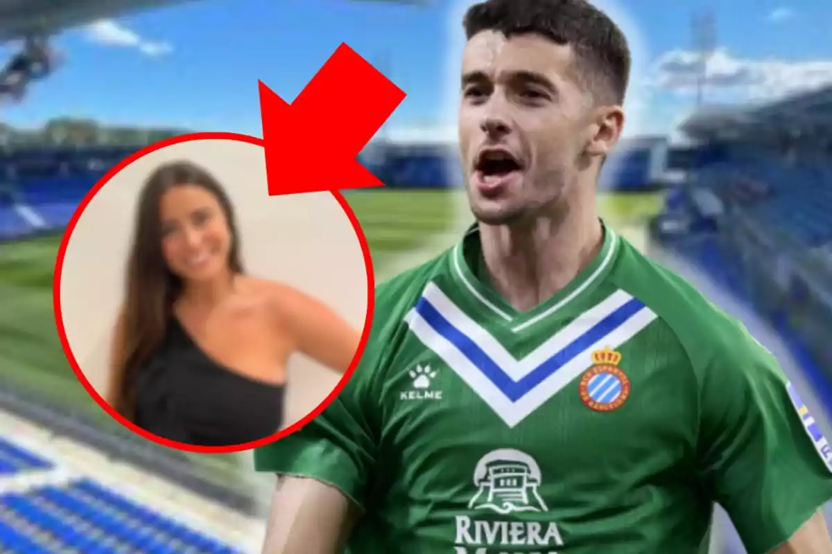 Soccer player in a green uniform celebrating in a stadium with a red circle highlighting a blurred woman in the background