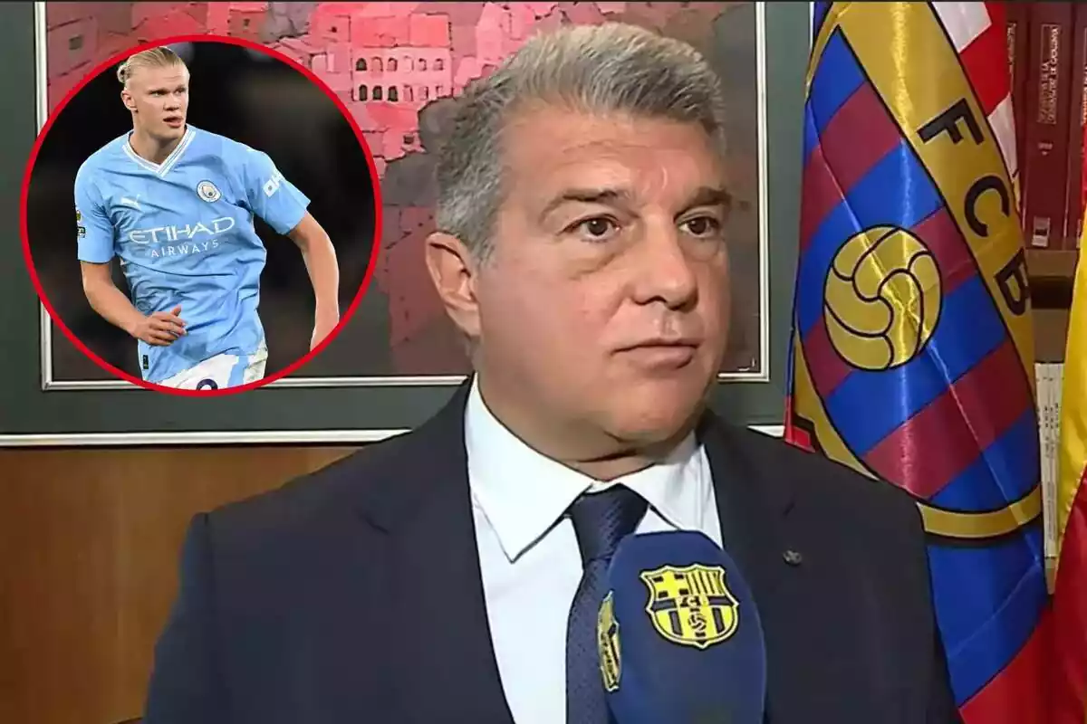 Muntatge amb Joan Laporta a primer terme entrevistat per Barça TV. A la cantonada superior esquerra, dins d'un cercle, Erling Haaland