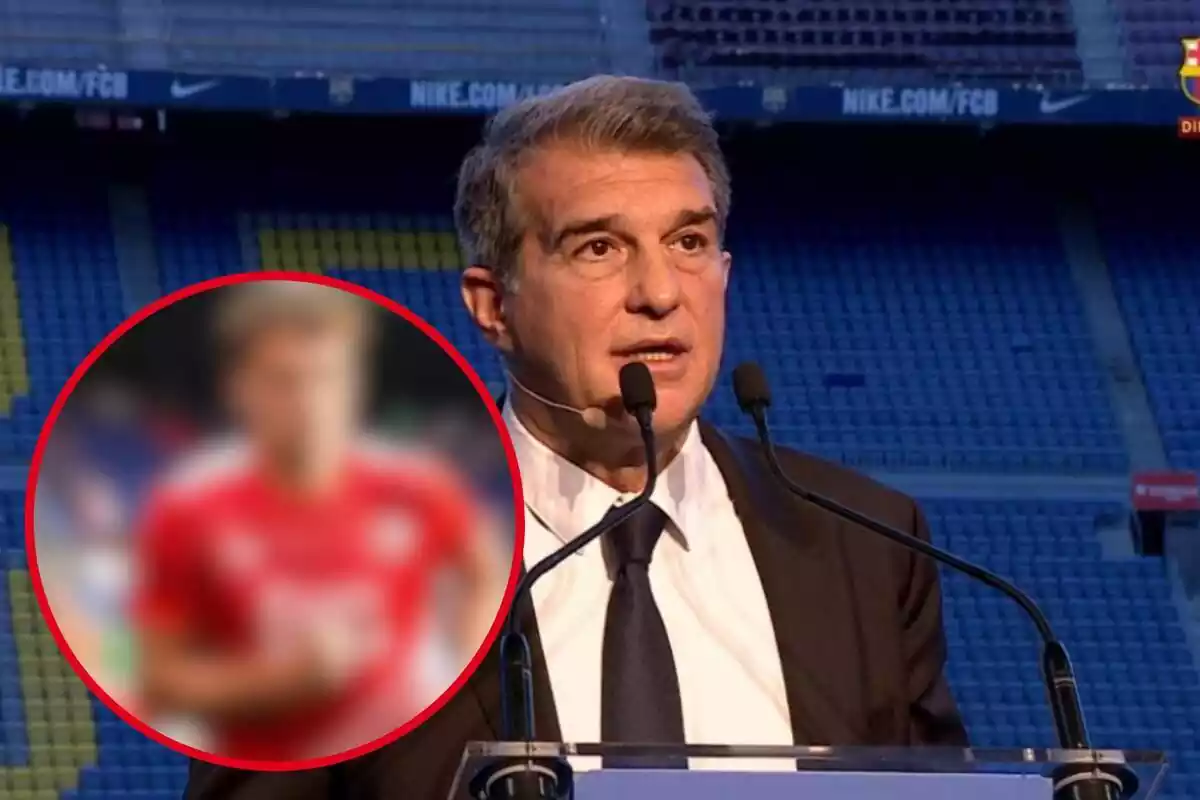 Muntatge amb una imatge de Joan Laporta al Camp Nou durant la presentació d'un futbolista ia la cantonada inferior esquerra, dins d'un cercle i difuminat, el futbolista referenciat a la notícia