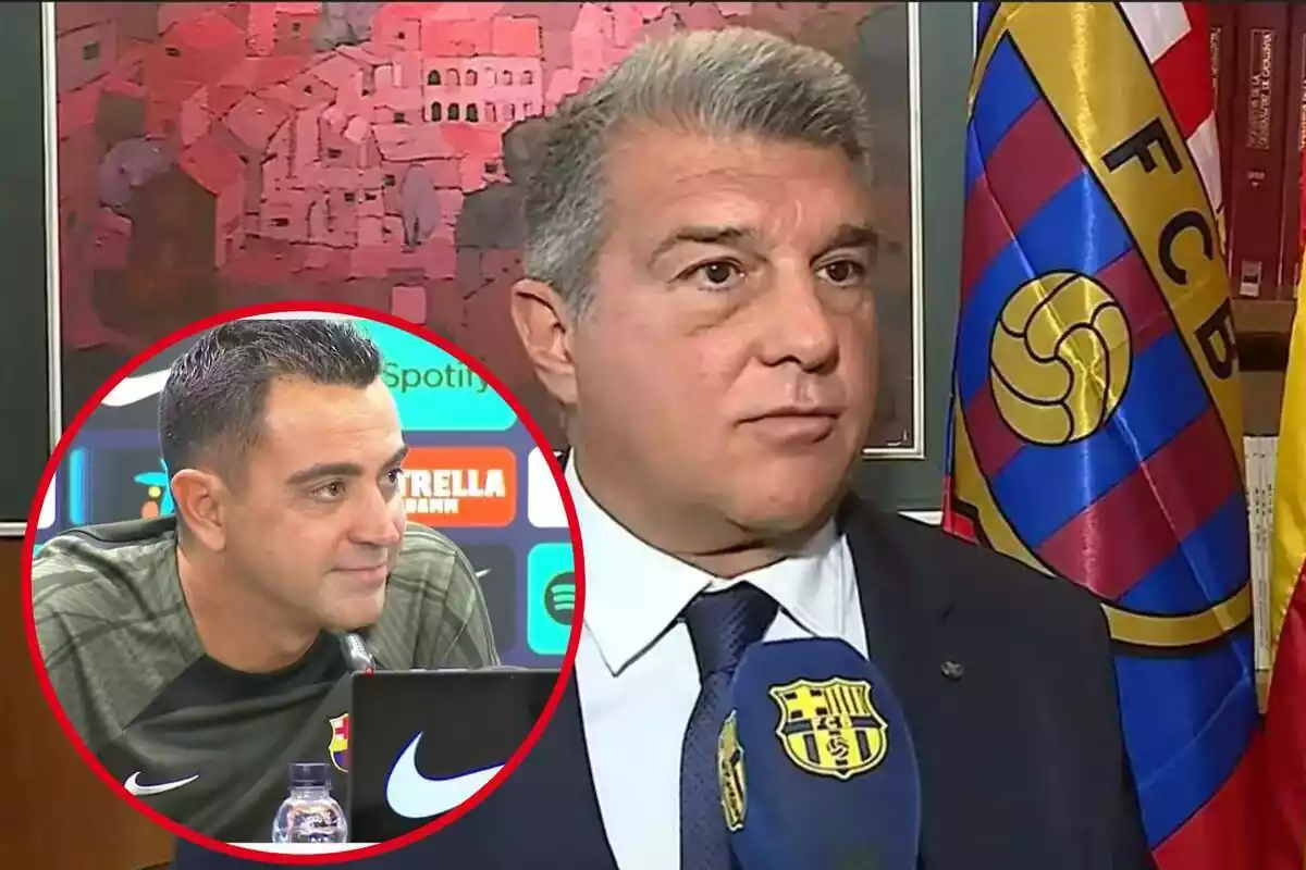 Muntatge amb Joan Laporta en primer terme atenent Barça TV ia la cantonada inferior esquerra, dins d'un cercle, Xavi Hernández en roda de premsa