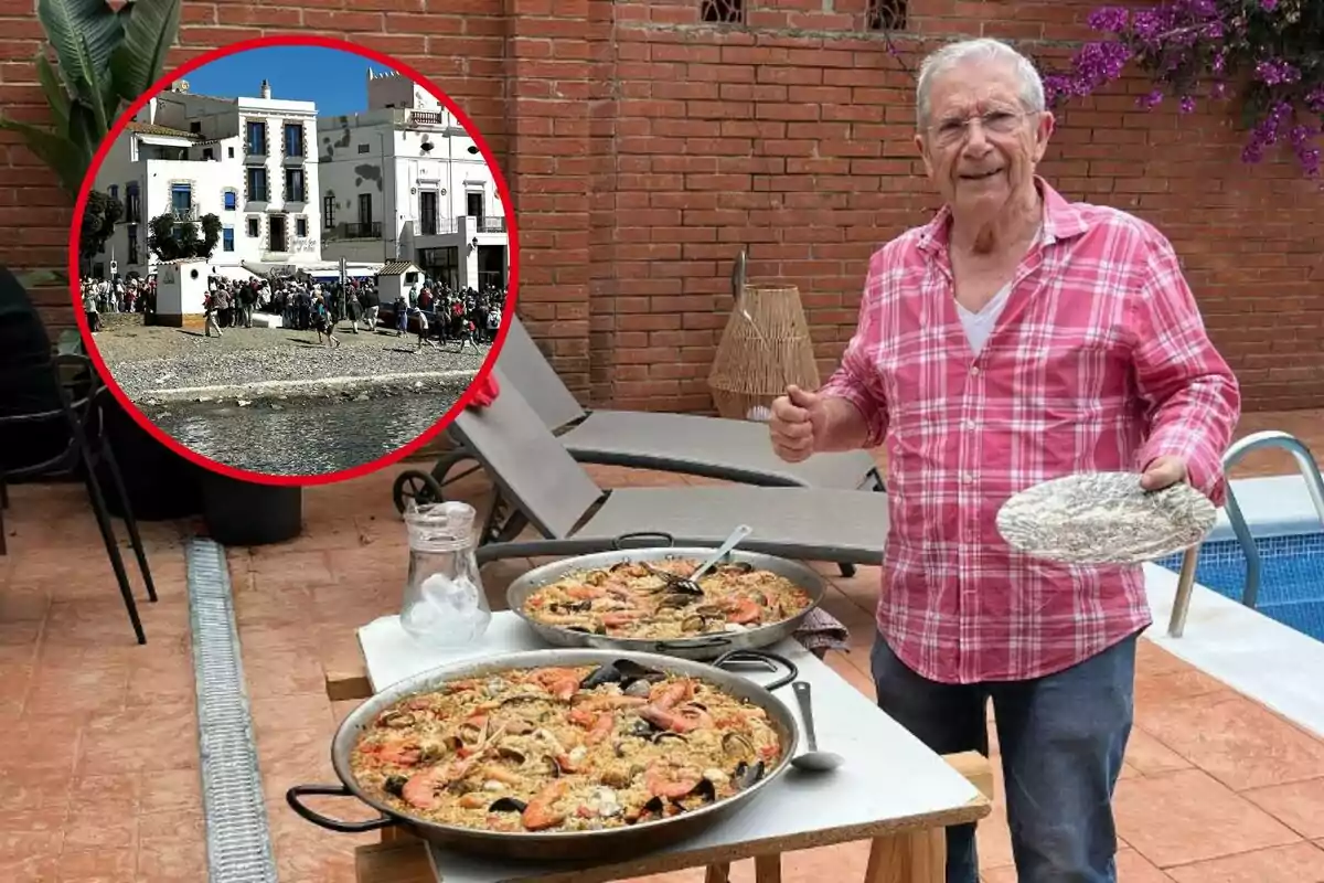 Un home gran amb camisa de quadres rosada està dret al costat d'una taula amb dues paelles, sostenint un plat buit i una cullera, amb una piscina i gandules al fons, i una imatge circular inserida a la cantonada superior esquerra que mostra una escena d´una ciutat costanera amb edificis blancs i una multitud de persones. Un home gran amb camisa de quadres rosada està dret al costat d'una taula amb dues paelles, sostenint un plat buit i una cullera, amb una piscina i gandules al fons, i una imatge circular inserida a la cantonada superior esquerra que mostra una escena d´una ciutat costanera amb edificis blancs i una multitud de persones.