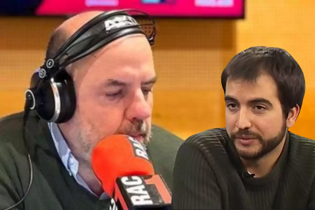 Muntatge amb una imatge de Jordi Basté durant un programa de ràdio. A la dreta una imatge de Ricard Ustrell durant una entrevista