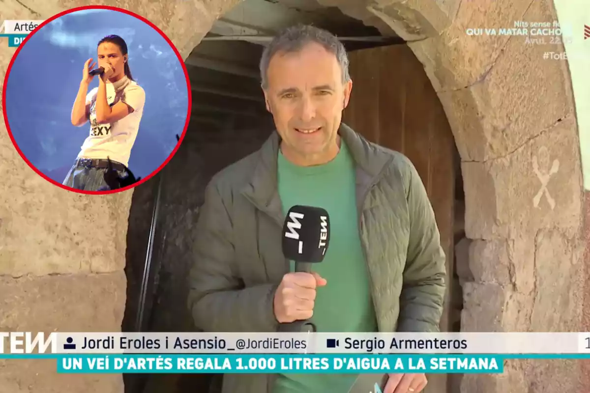Muntatge amb una imatge de Jordi Eroles durant un reportatge per a TV3. A l'esquerra una imatge de Mushkaa